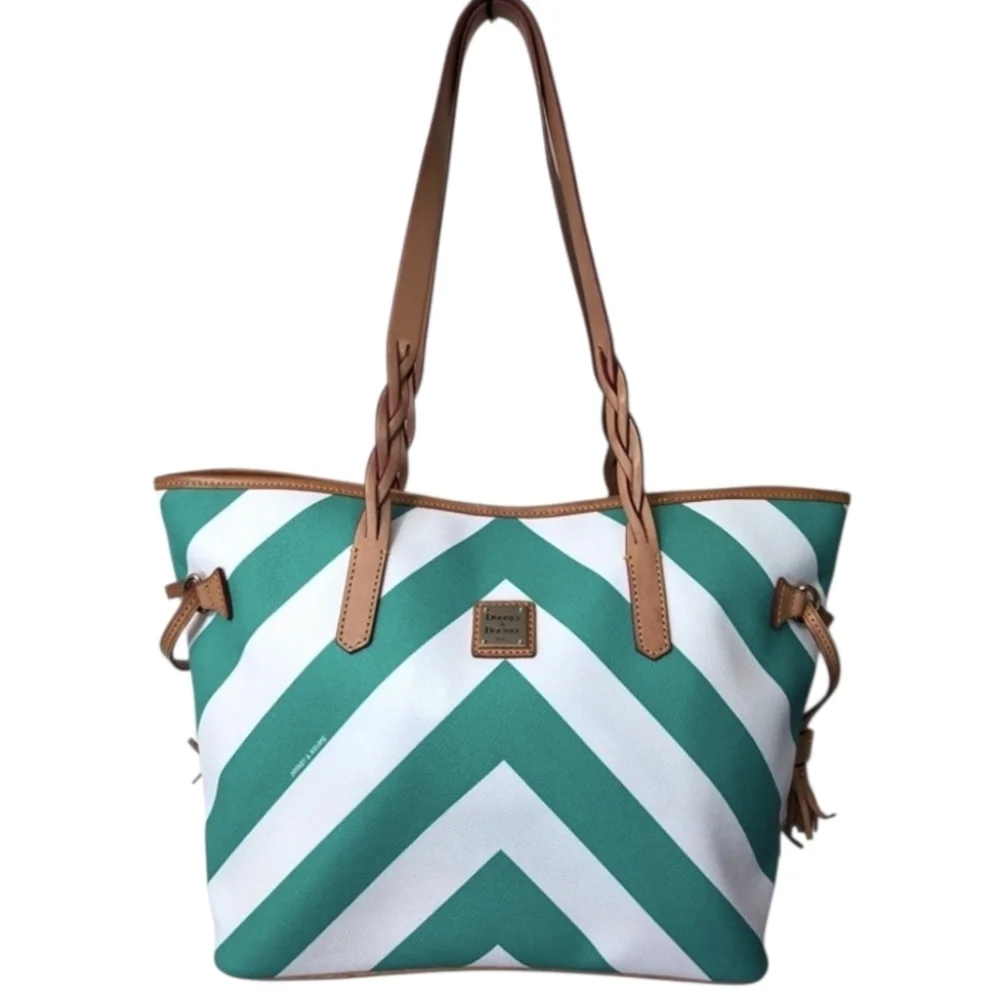 💚▪️ Dooney & Bourke ▪️bailey Chevron Teal & White Shoulder Tote Bag